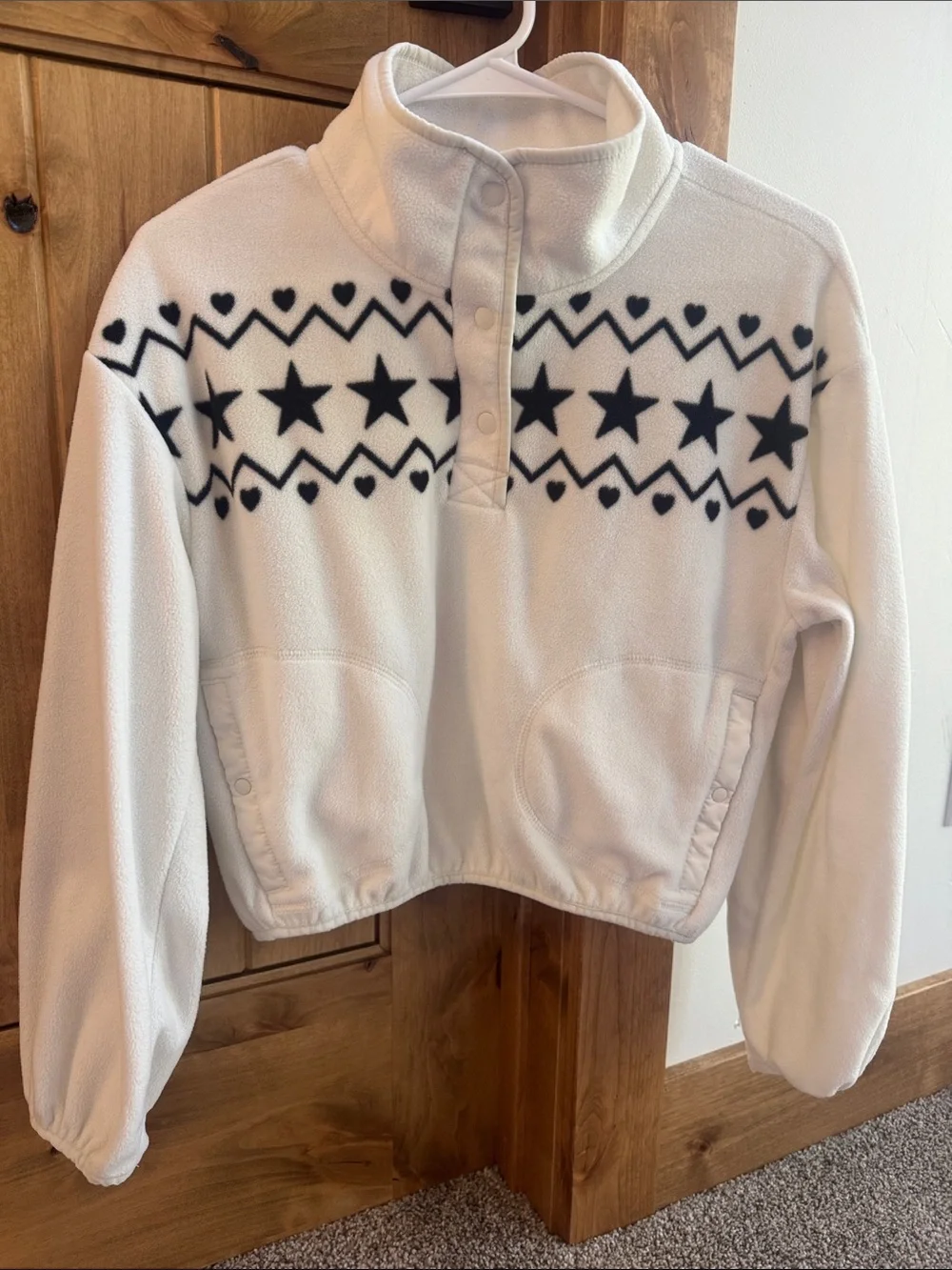 Girls Off White Fleece Pullover with Black Star Pattern